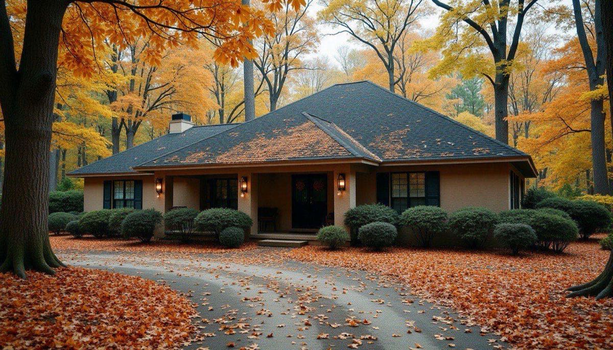 One-story house with a dark-streaked shingle roof among hardwood trees in Brookwood, leaves in the roof valleys and a gravel and concrete drive