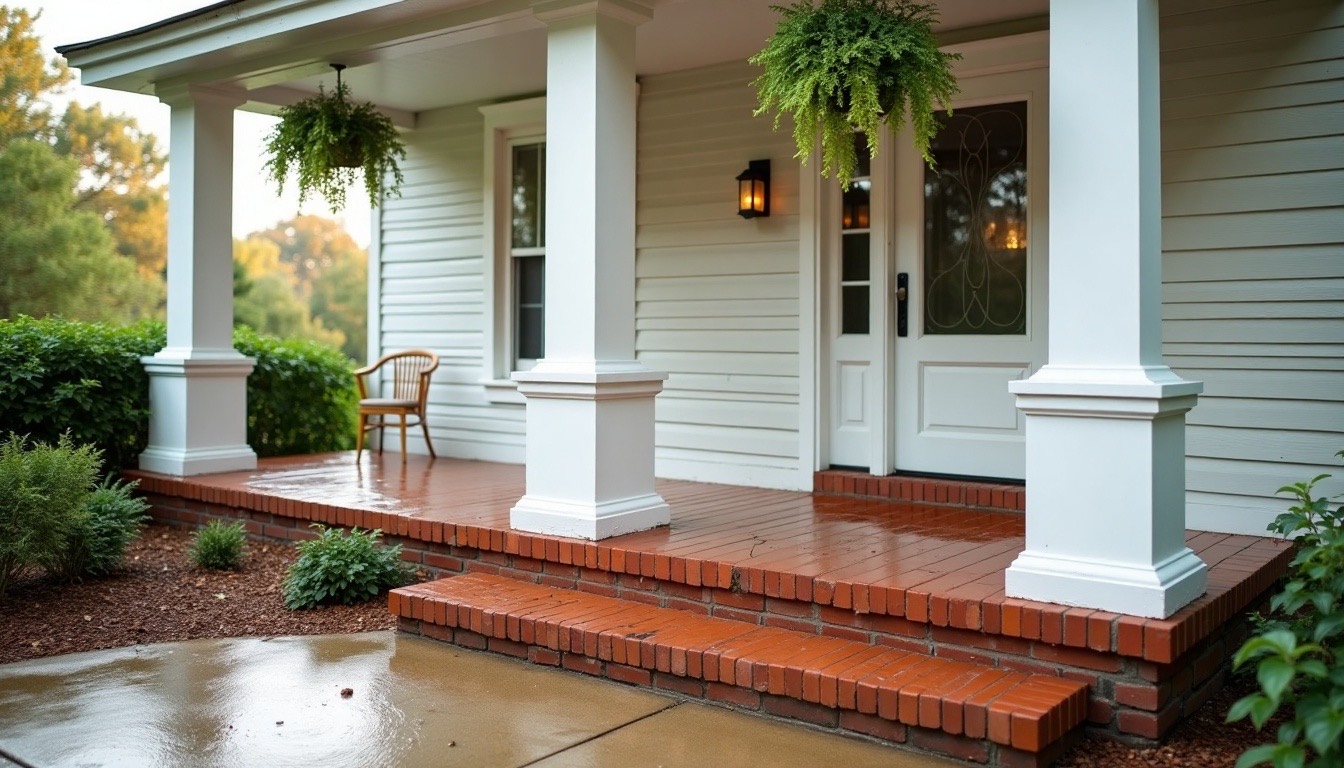 Freshly washed front porch and brick steps with white columns and ferns on a Tuscaloosa home