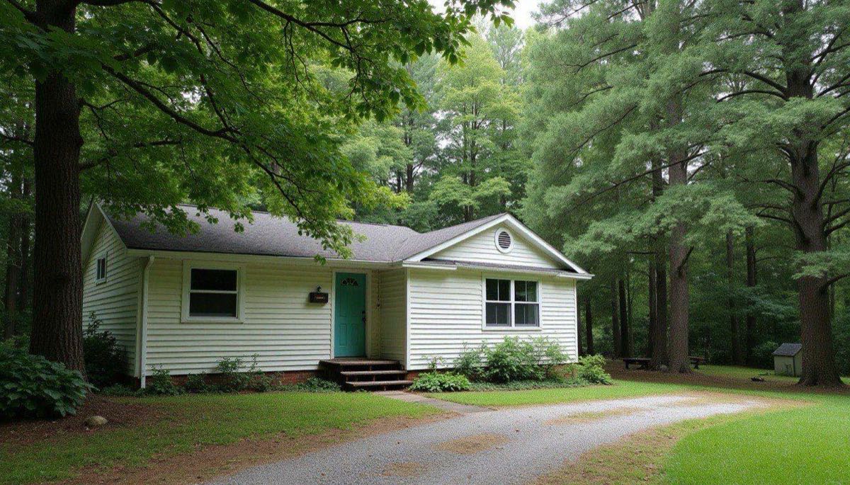 Vinyl-sided house under dense tree cover in Coaling with green film on the shaded siding and a gravel driveway