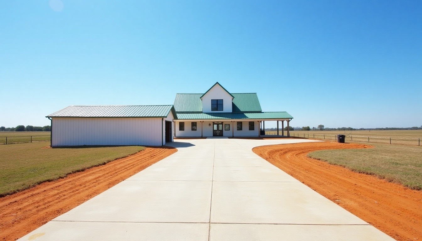 White farmhouse with a green metal roof on an open lot in Coker, with a long concrete driveway and a metal shop building beside it
