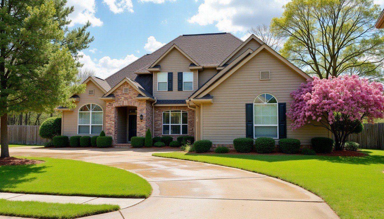 Tan vinyl two-story house on a curving Northport subdivision street with a freshly washed driveway and crepe myrtles out front