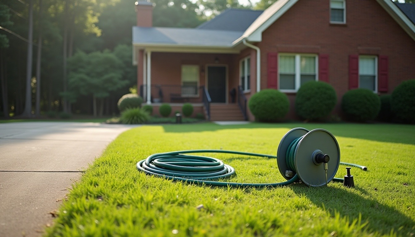Hose reel and coiled pressure hose on the lawn beside the clean driveway of a brick house