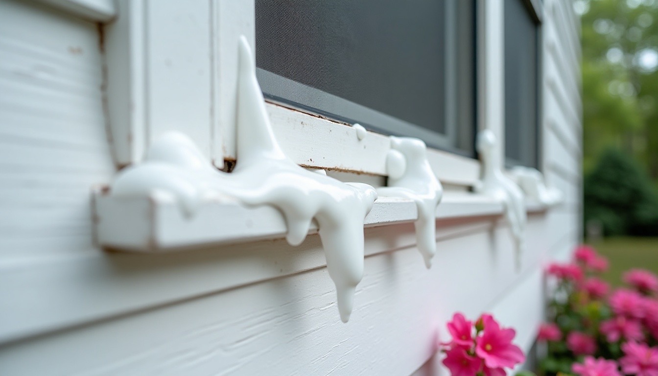 White cleaning foam clinging to painted wood lap siding and a window screen on an older home with azaleas along the foundation