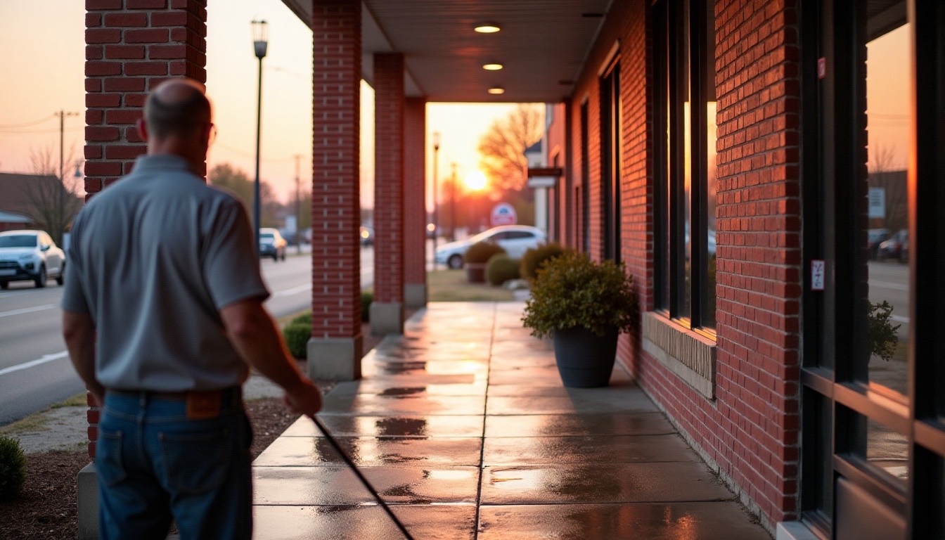Worker washing the concrete walkway in front of a small brick strip shopping center at dawn with wet clean concrete reflecting the sky