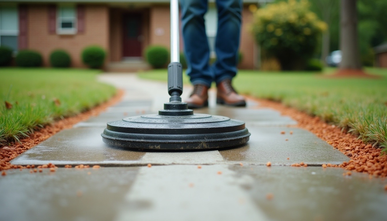Round surface cleaner running across a mildew-grey concrete sidewalk and leaving a bright clean strip, red clay stain at the lawn edge