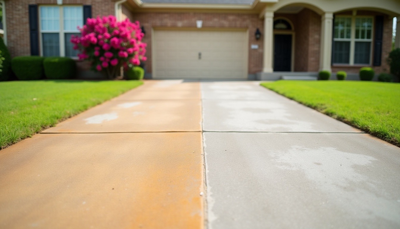 Concrete driveway half cleaned, one side bright and the other grey with mildew and red clay stain, vinyl house and crepe myrtles behind
