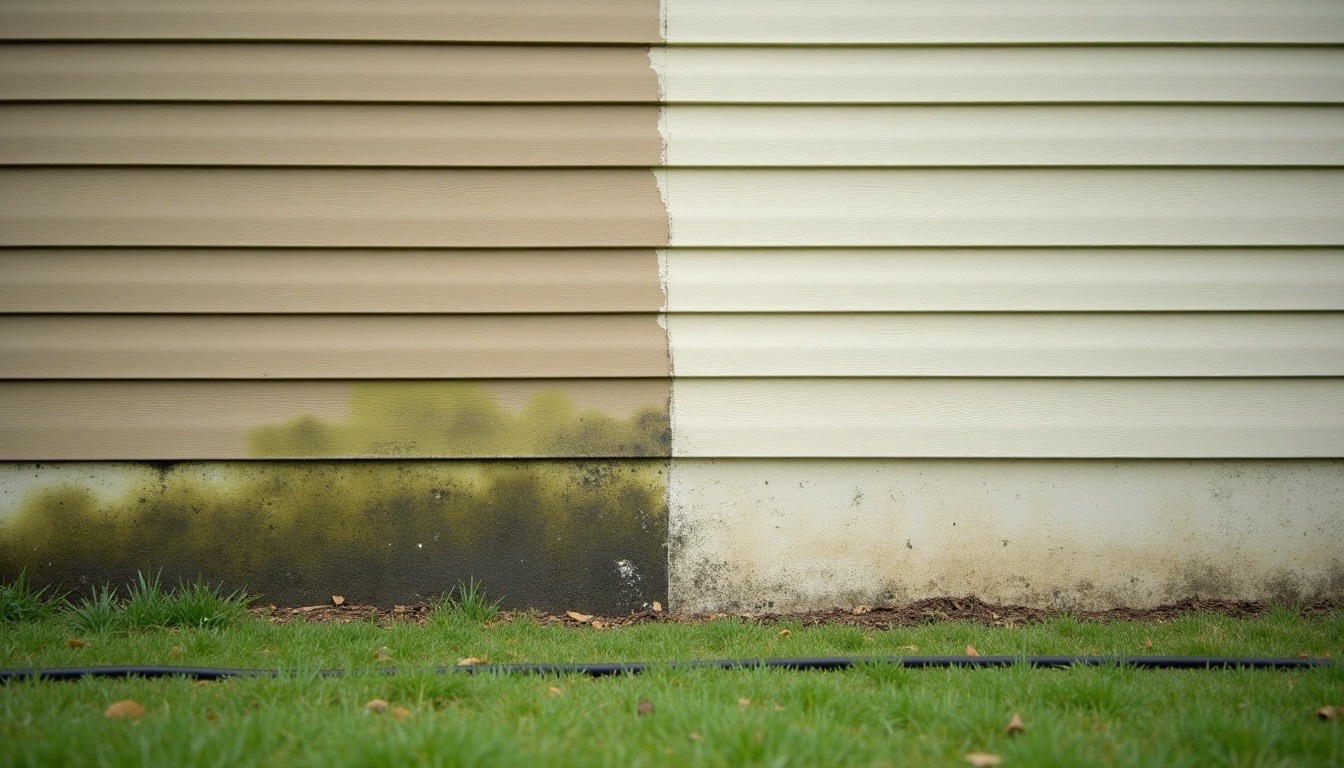 Green algae streaks on the shaded north wall of a tan vinyl house with half the wall already clean and bright